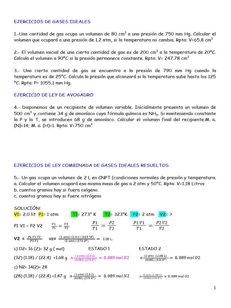 Ejercicios de Gases Ideales y Presiones | PDF | Gases | Mole (Unidad)