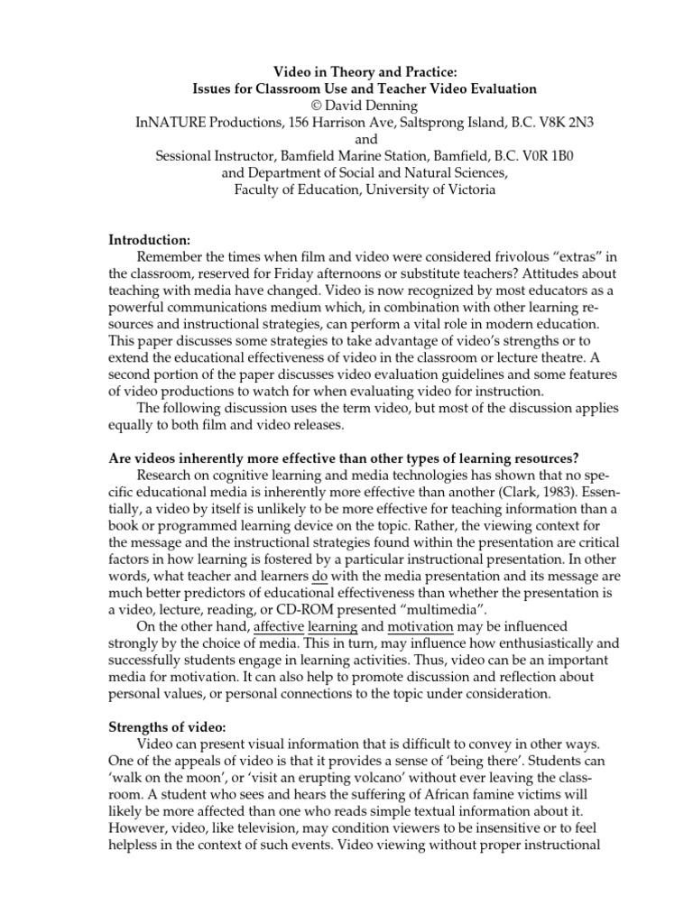 Video in Theory and Practice Issues For | PDF | Learning ...