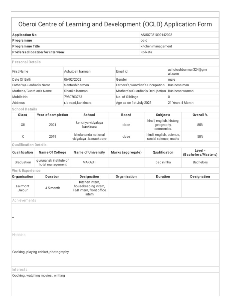 OCLD Kitchen Management Application Form | PDF