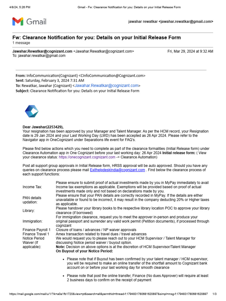 Clearance Process for Cognizant Resignation | PDF | Insurance
