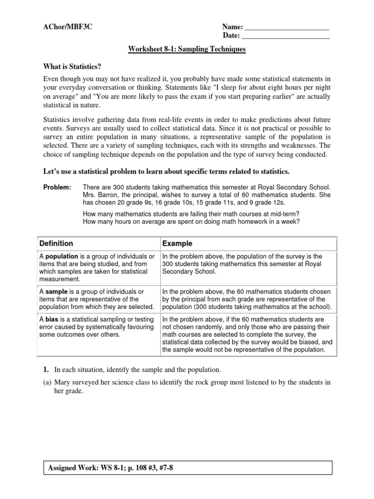 7th Grade Sampling Techniques Worksheet | PDF | Sampling (Statistics ...