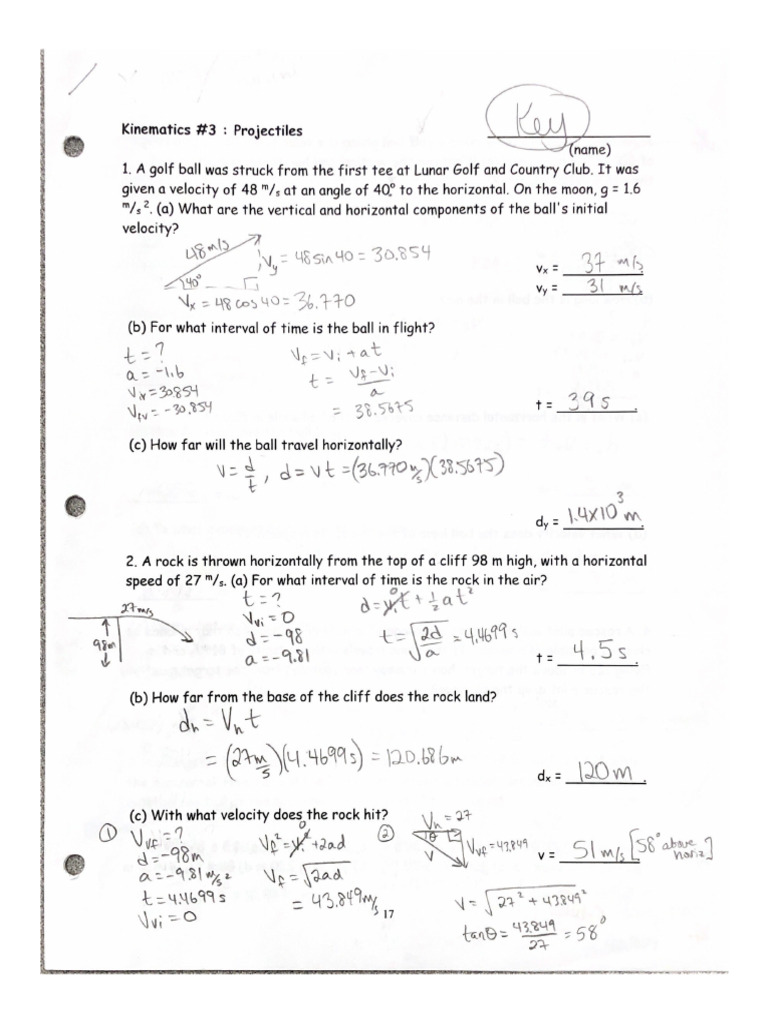 Projectiles Worksheet KEY PDF