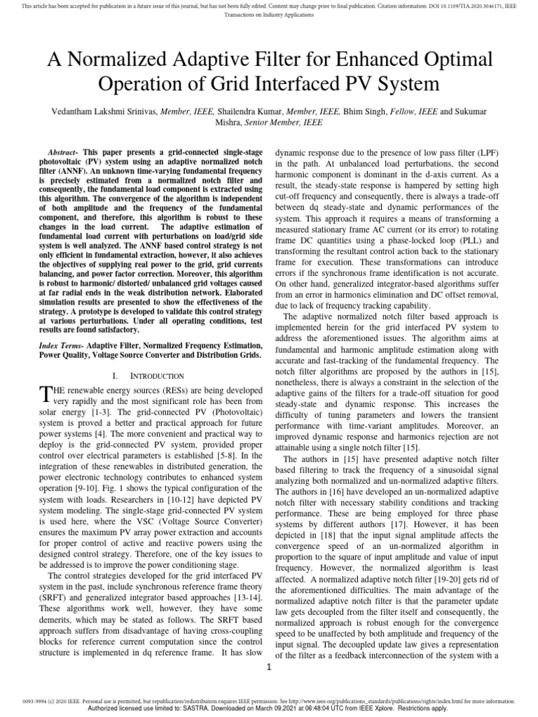 Adaptive Filter for Grid-Connected PV Systems | PDF | Filter (Signal ...