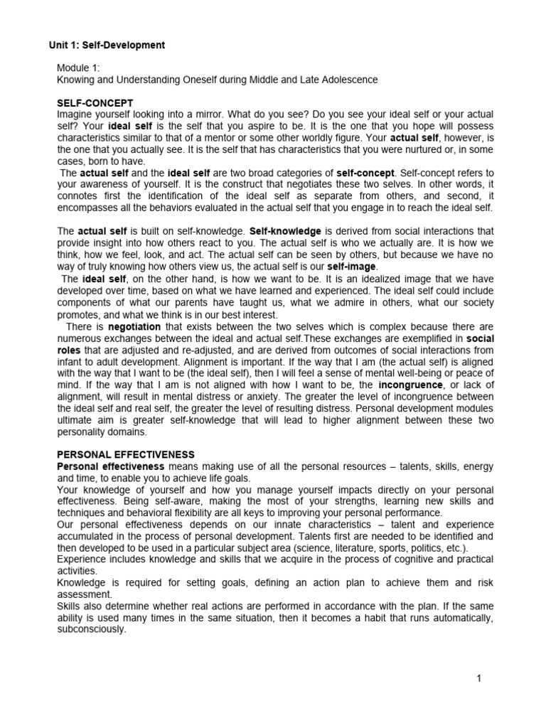 Module 1 Knowing And Understanding Oneself Pdf Self Concept