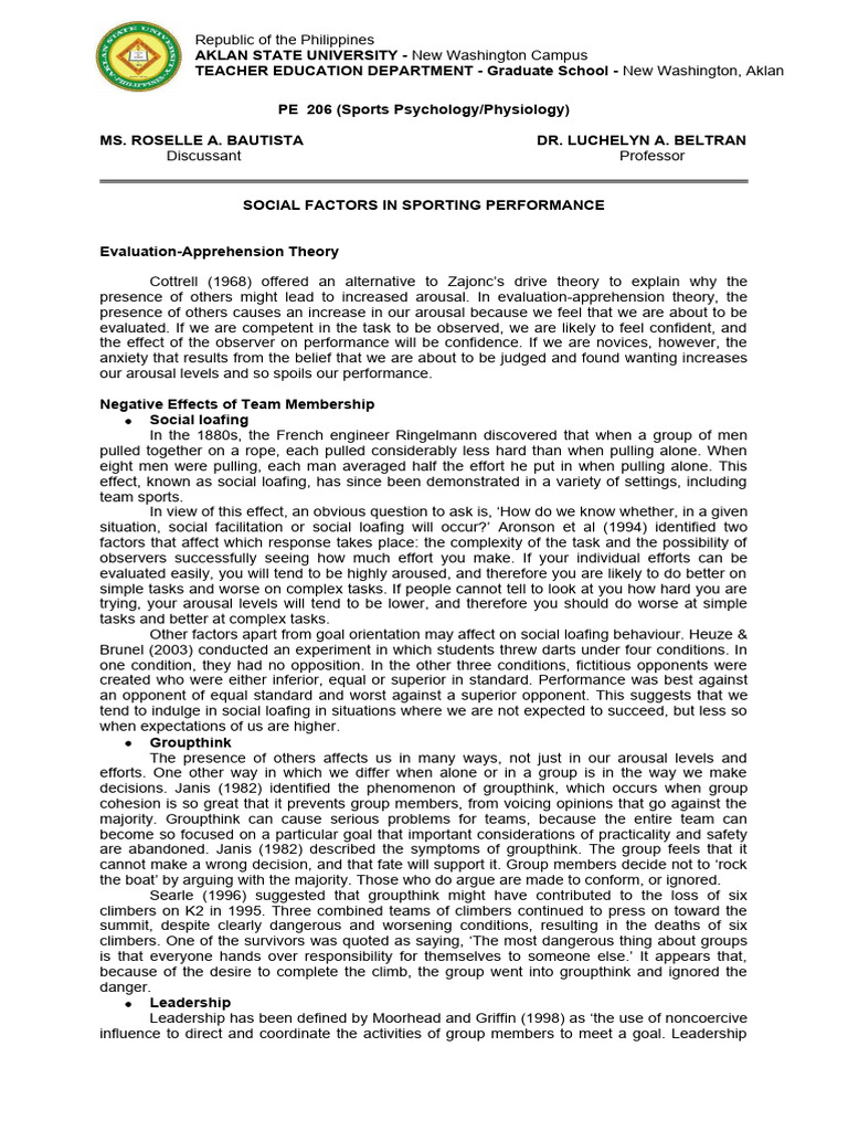 Social Factors Affecting Sports Performance | PDF | Leadership | Psychology