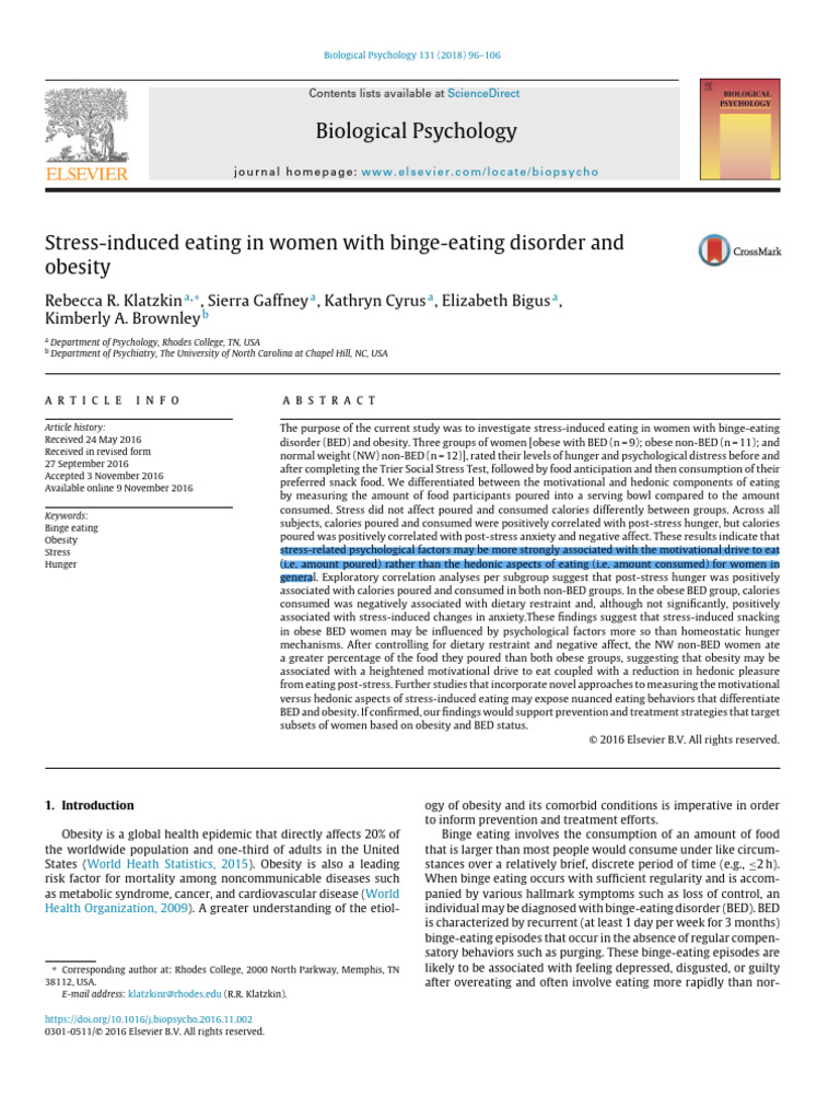 Stress-Induced Eating in Women With Binge-Eating Disorder and Obesity ...