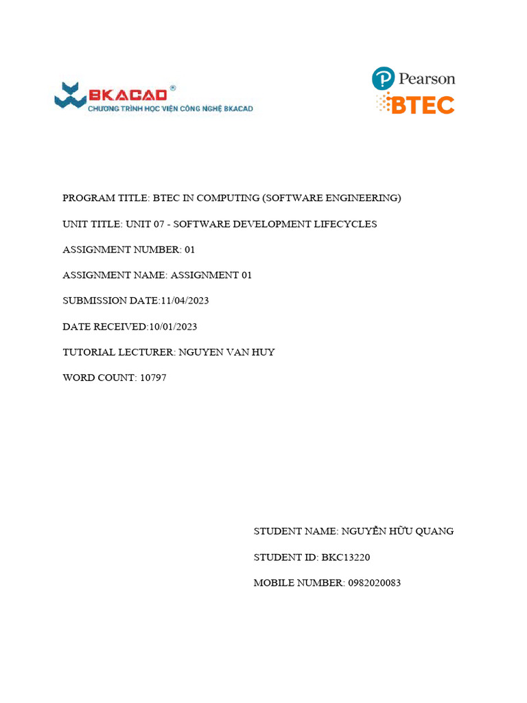 Assignment 1 SDLC Nguyễn Hữu Quang | PDF | Software Development Process ...