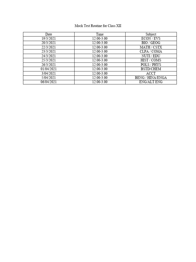 Mock Test Routine For Class XII | PDF | Science & Mathematics ...