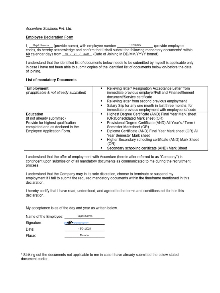 Accenture Employee Document Submission Form | PDF