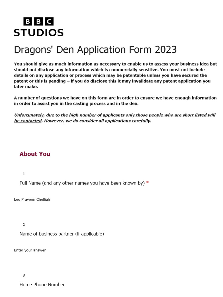 Dragons' Den Application Form 2023 PDF Privacy Bbc