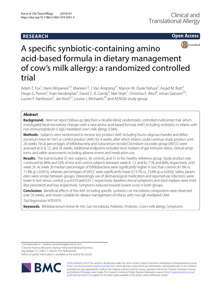 A Specific SynbioticContaining Amino AcidBased Formula in Dietary Management of Cow's Milk