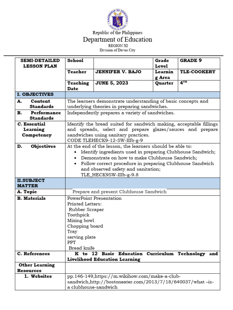 4as lesson plan tvl pdf lesson plan teachers