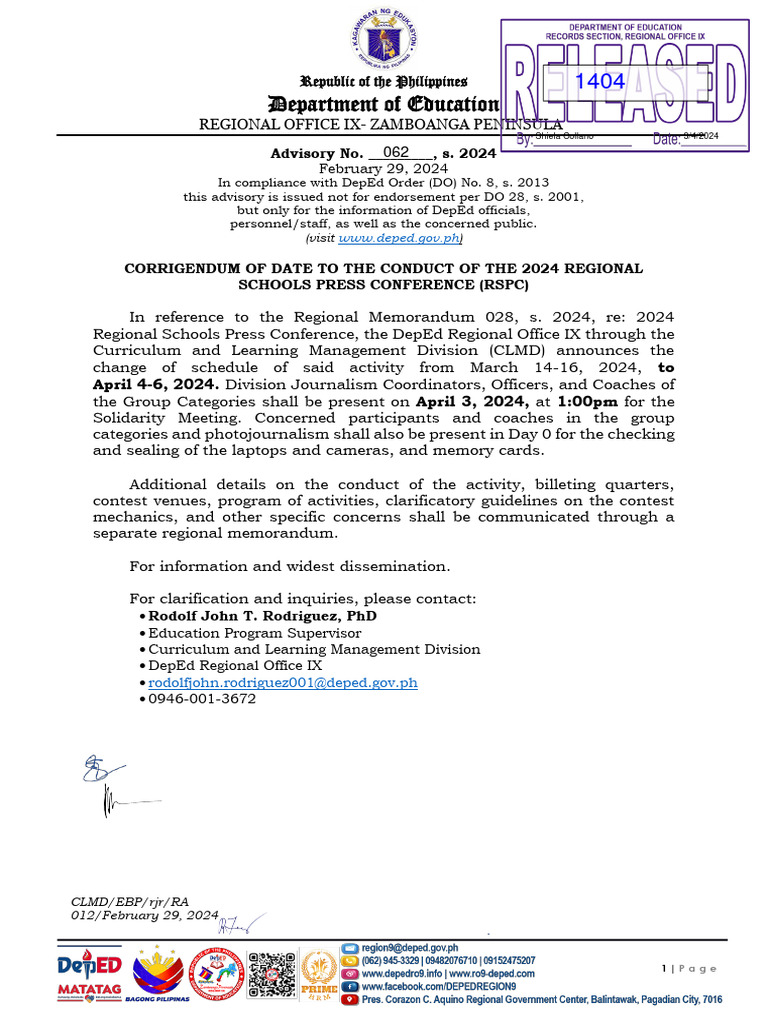 Regional Advisory On The Change Of Schedule Of The Rspc 2024 Pdf