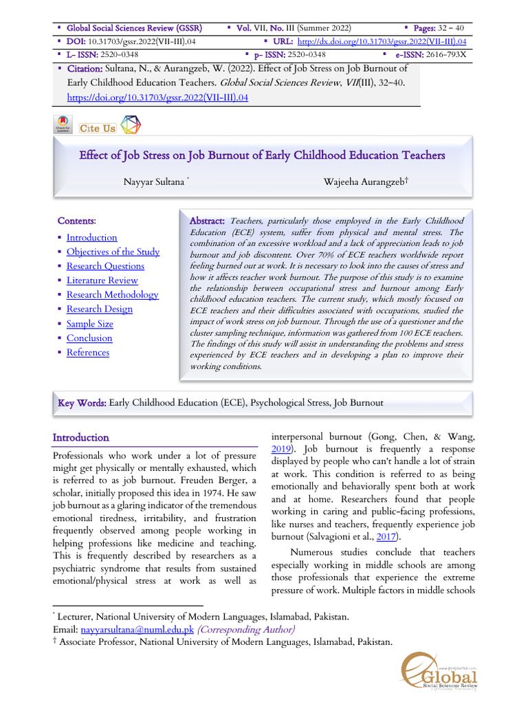 Job Stress and Burnout in ECE Teachers | PDF | Occupational Burnout ...
