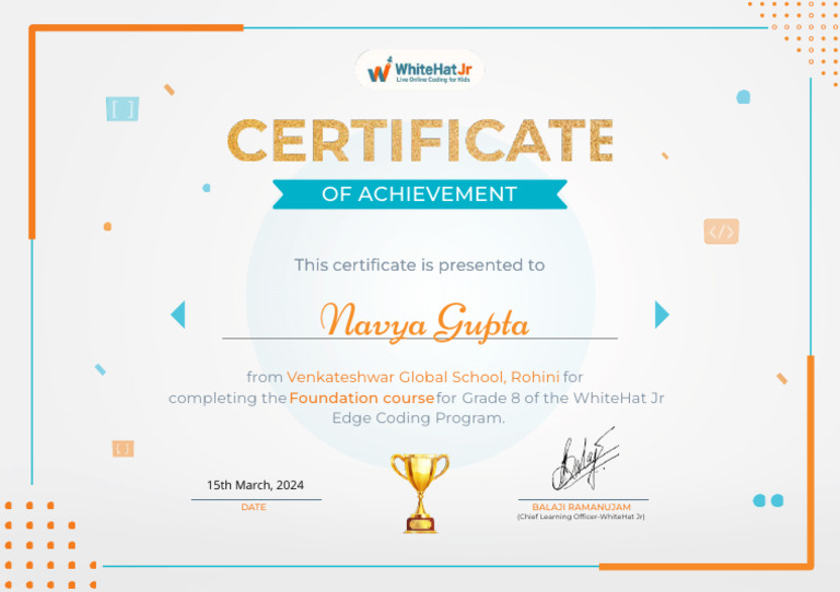 Grade 8 WhiteHat Jr Coding Certificate | PDF