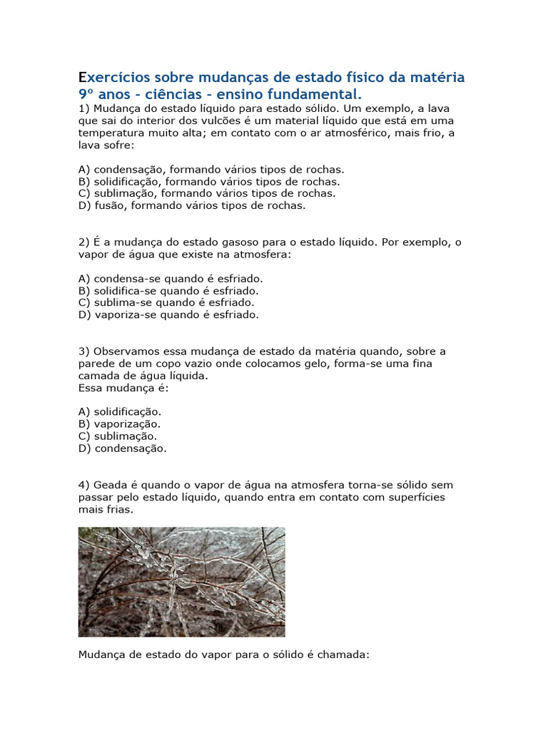 Exercícios sobre Mudanças de Estado Físico | PDF | Congelamento | Vapor