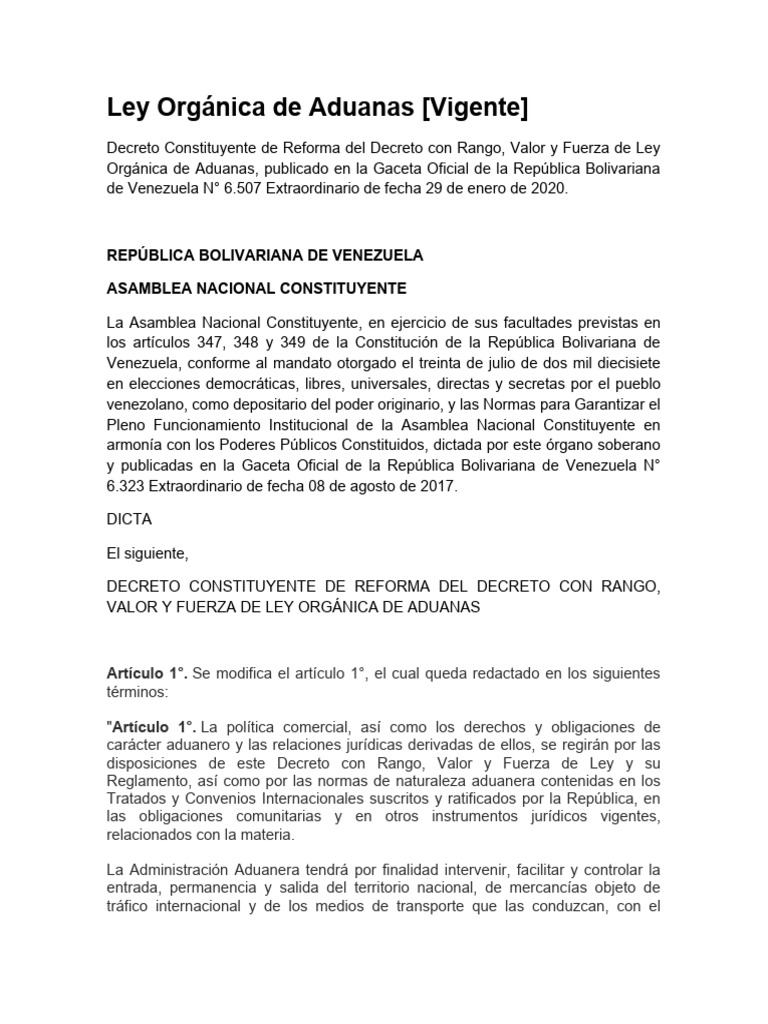 Ley Orgánica de Aduanas Vigente 2024 | PDF | aduana | Arancel