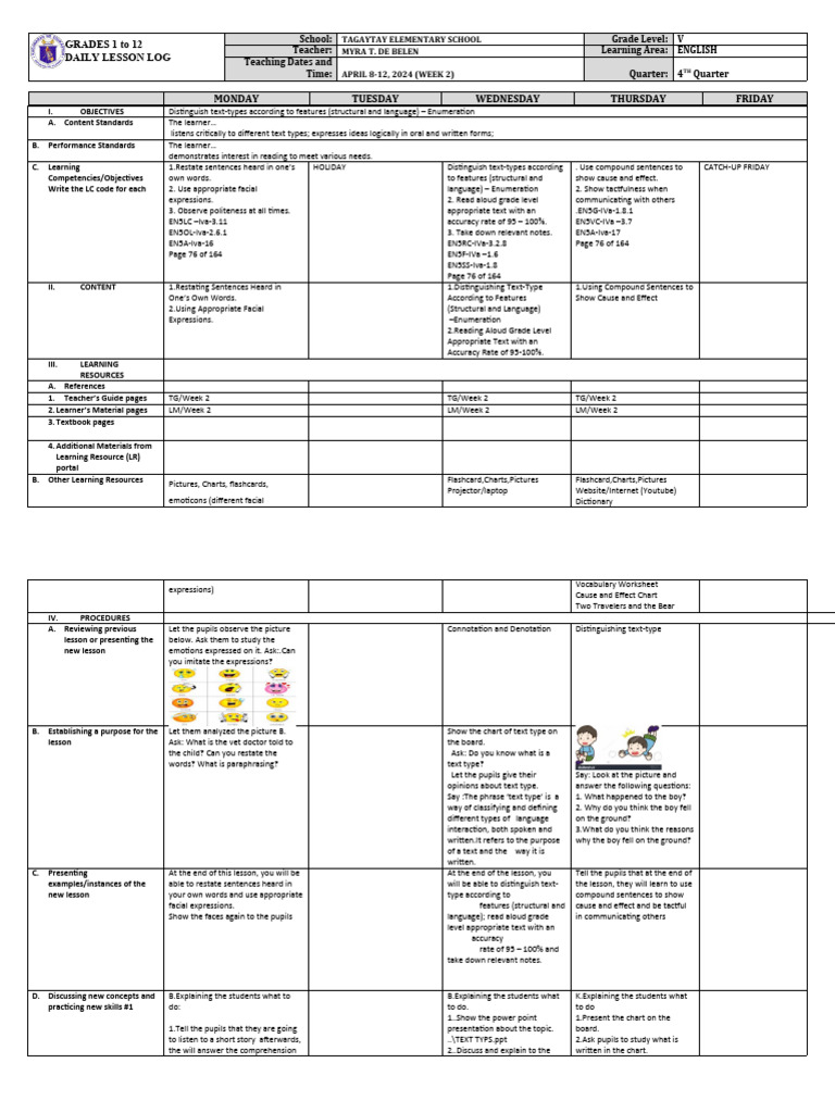 Grade 5 English Daily Lesson Plan | PDF | Reading Comprehension ...