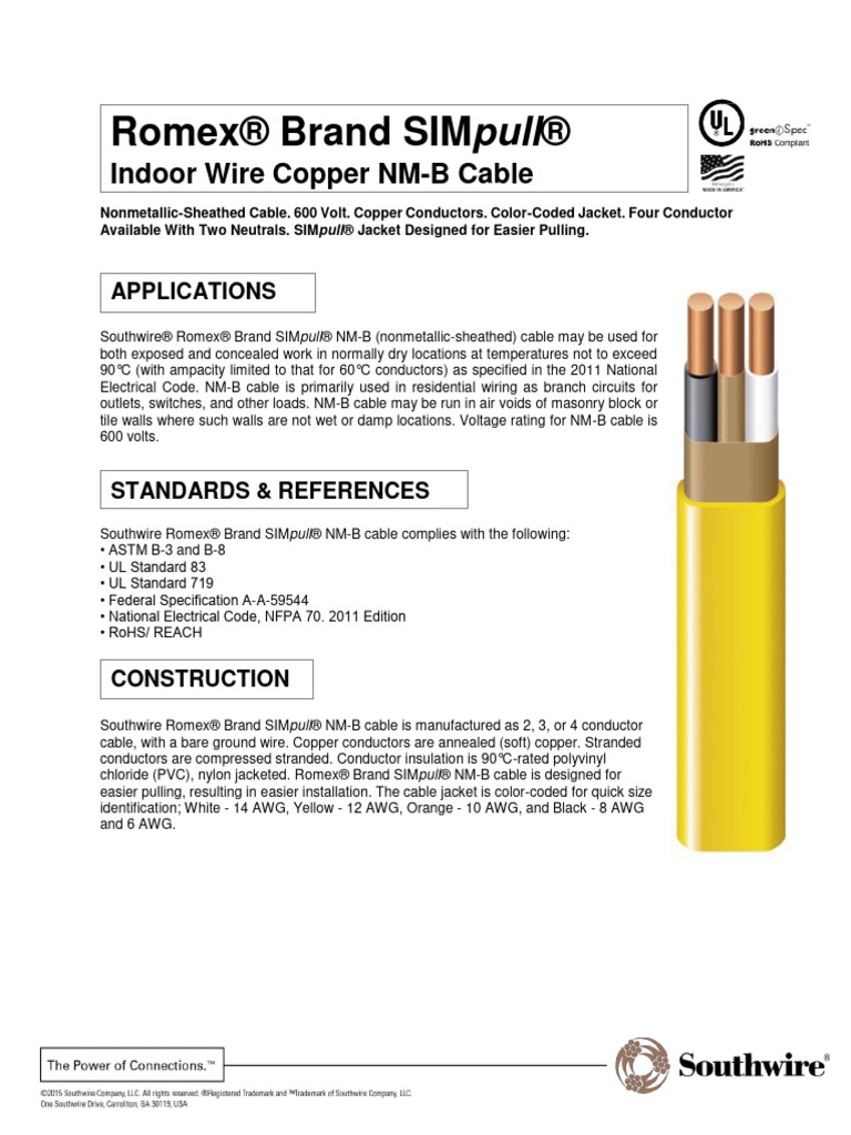 Southwire Romex® 14/3 NM-B Electrical Cable – 40ft Coil – Copper, 15 Amp, For Residential Wiring