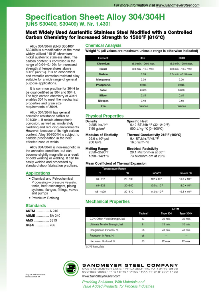Alloy 304/304H Stainless Steel Overview | PDF | Corrosion | Stainless Steel