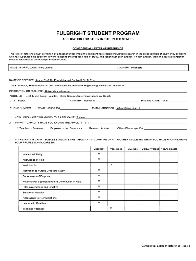 Fulbright Reference Letter for Glory Lamria | PDF | Leadership