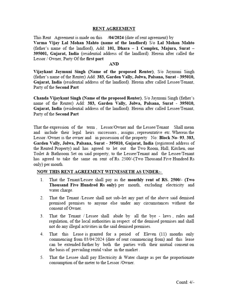 Gujarat Rent Agreement Template | PDF | Lease | Leasehold Estate