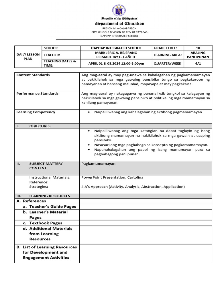AP - 10 WEEK 1 Detailed Lesson Plan 2 - 02 29 24 2 | PDF