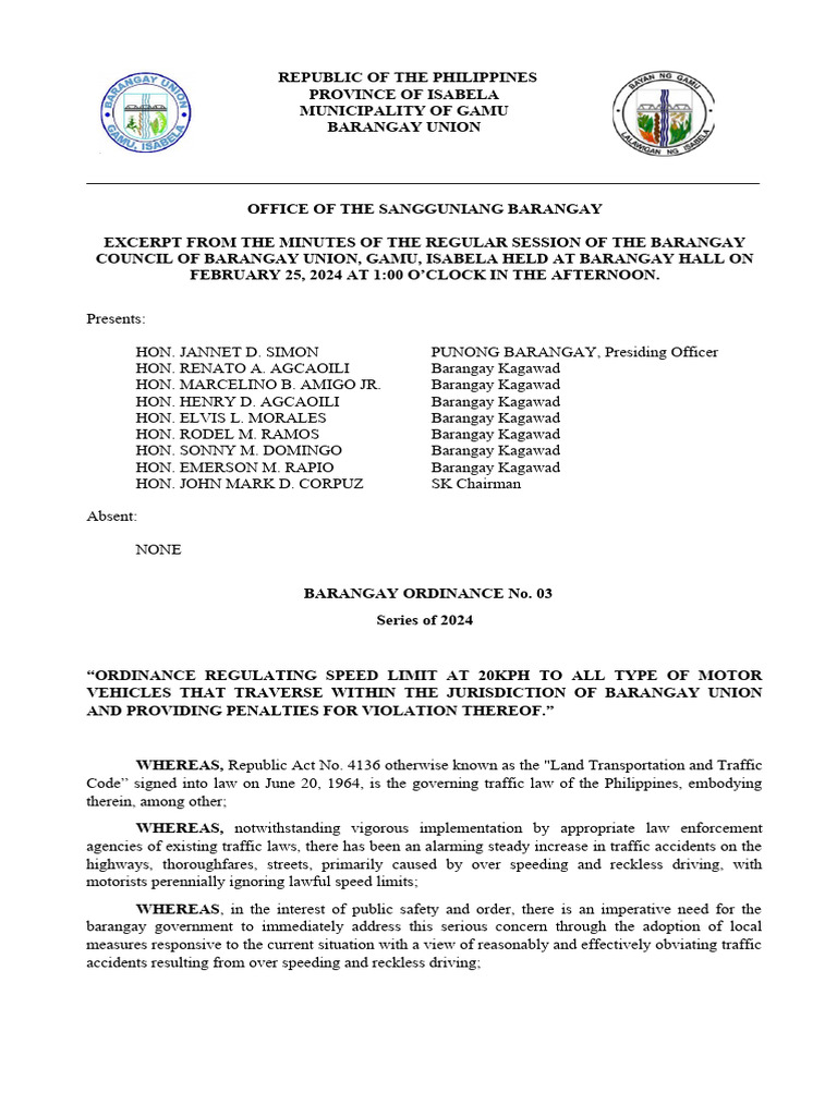 Barangay Union 20KPH Speed Limit Ordinance | PDF | Speed Limit | Traffic
