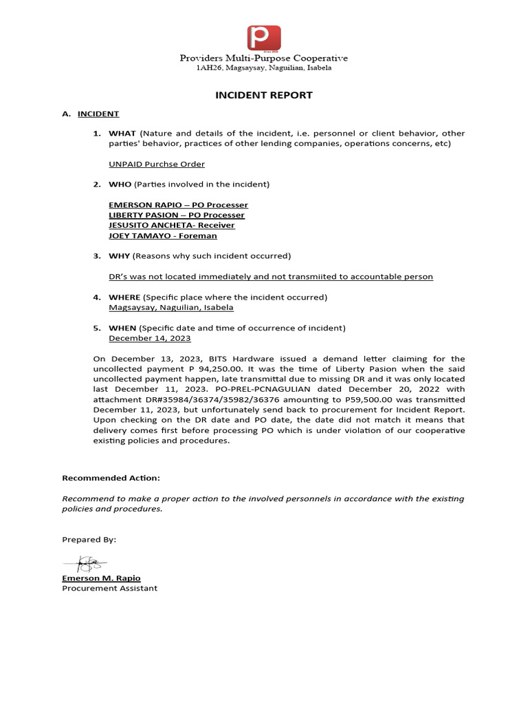 INCIDENT Report - BITS Hardware | PDF | Law
