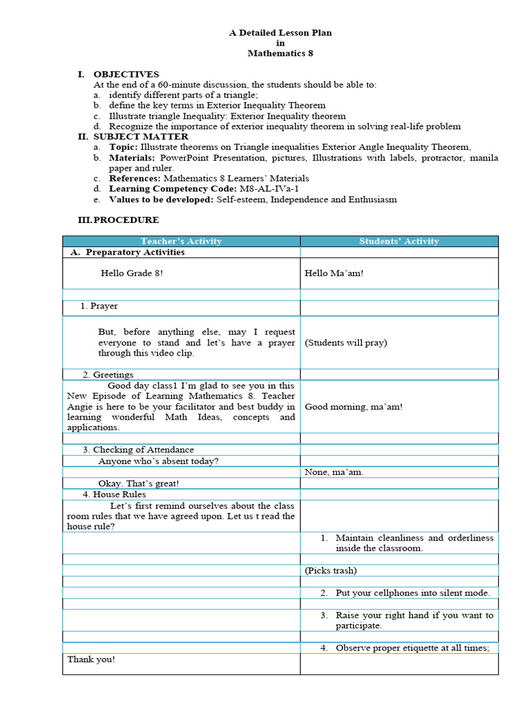 Detailed Leeson Plan, MATH 8 | PDF | Triangle | Angle