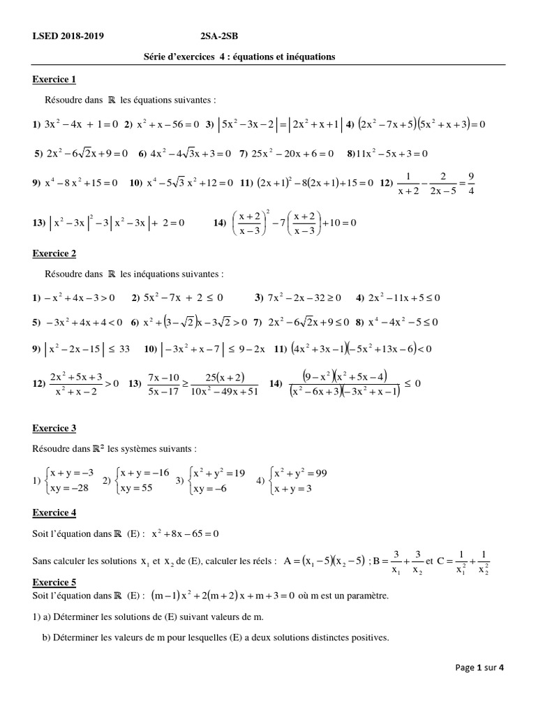 Exercices LSED 2018-2019: Équations et Systèmes | PDF | Équations