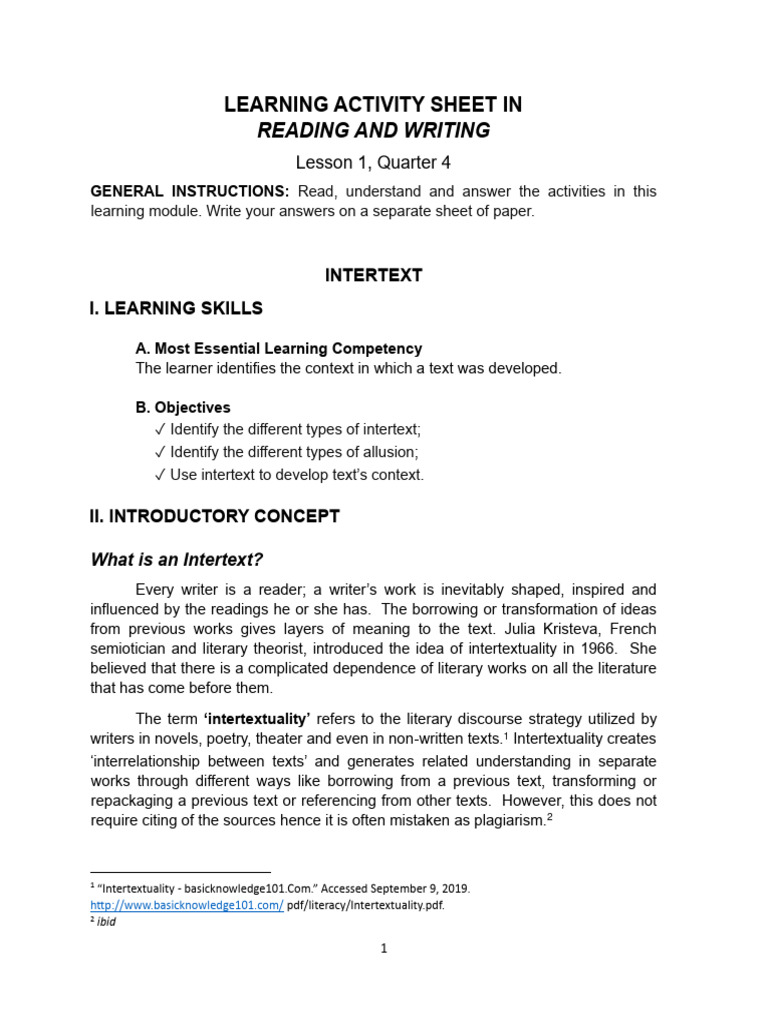 Reading and Writing Intertext Learning Module PDF Intertextuality