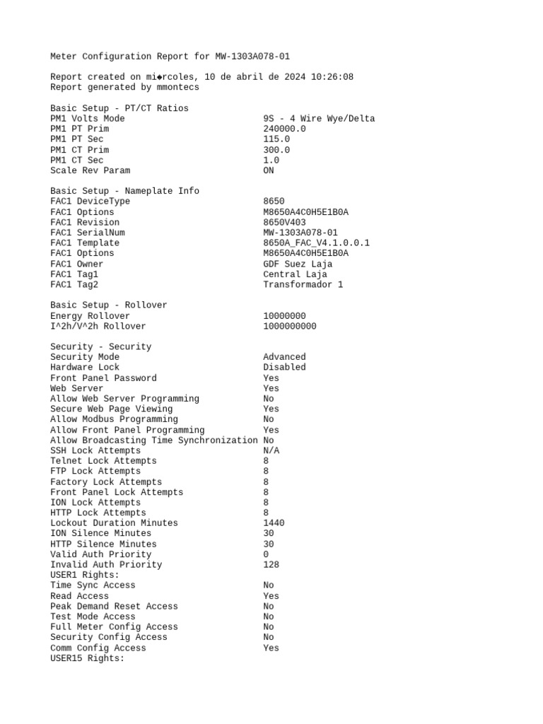 Meter Configuration Report For MW-1303A078-01 | PDF | Port (Computer ...