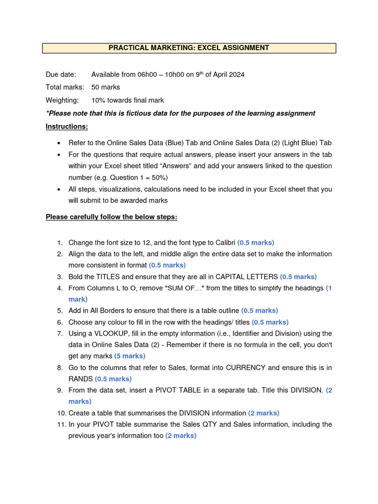 Practical Marketing Excel Assignment 1 Instructions Pdf Microsoft Excel