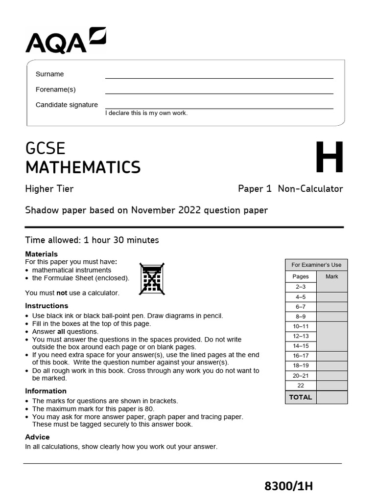 8300 Maths 1H Shadow Question Paper November 22 v1.0 | PDF