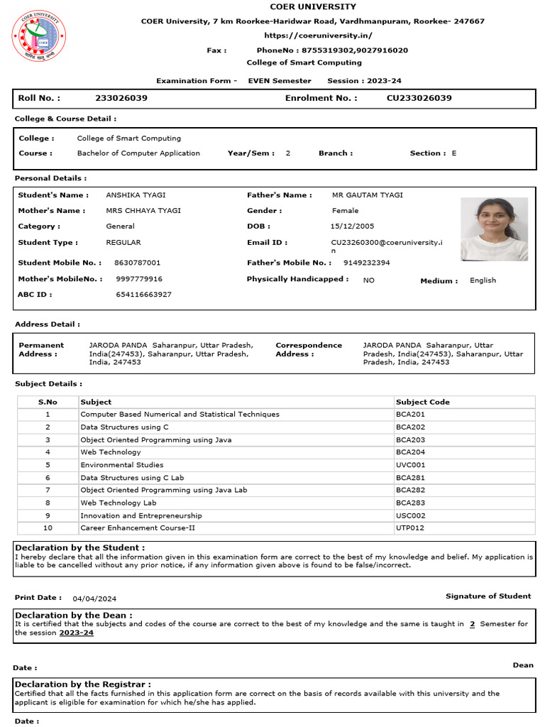 BCA Examination Form 2023-24 Details | PDF | Computer Science | Computing