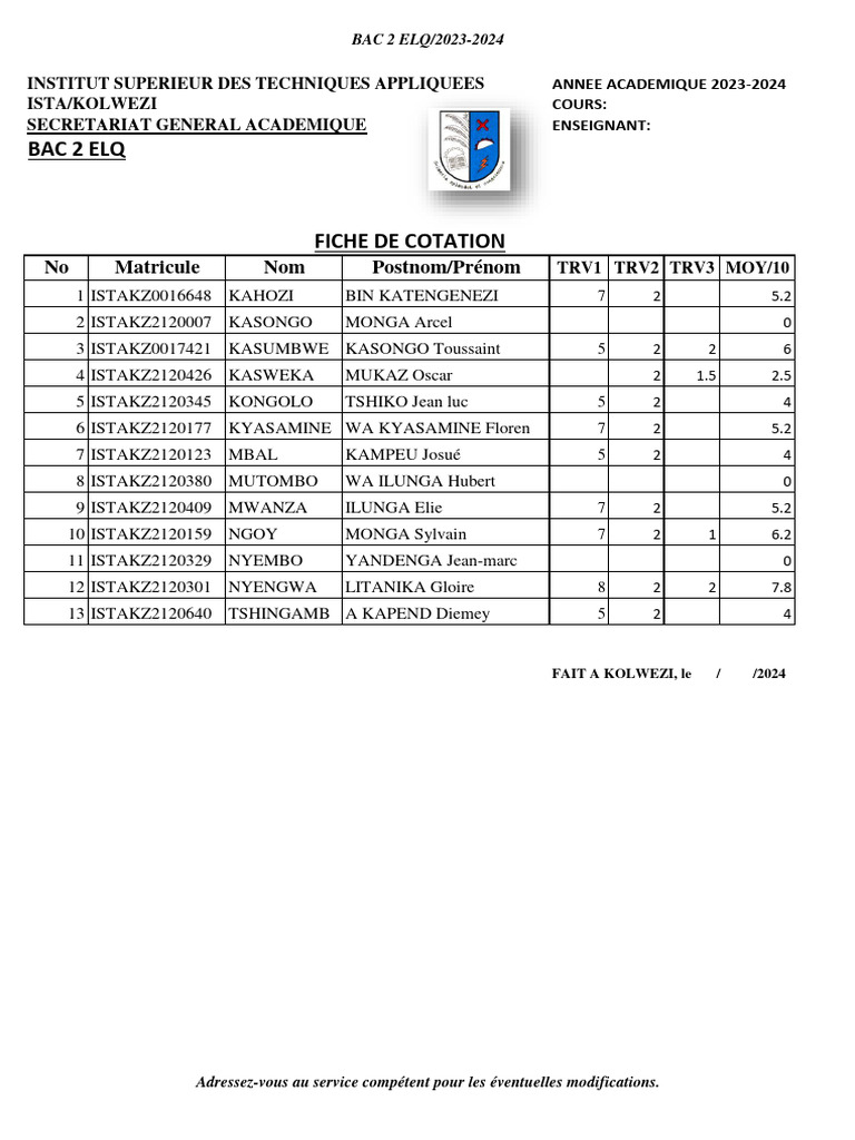 Fiche de cotation BAC 2 ELQ 2023-2024 | PDF