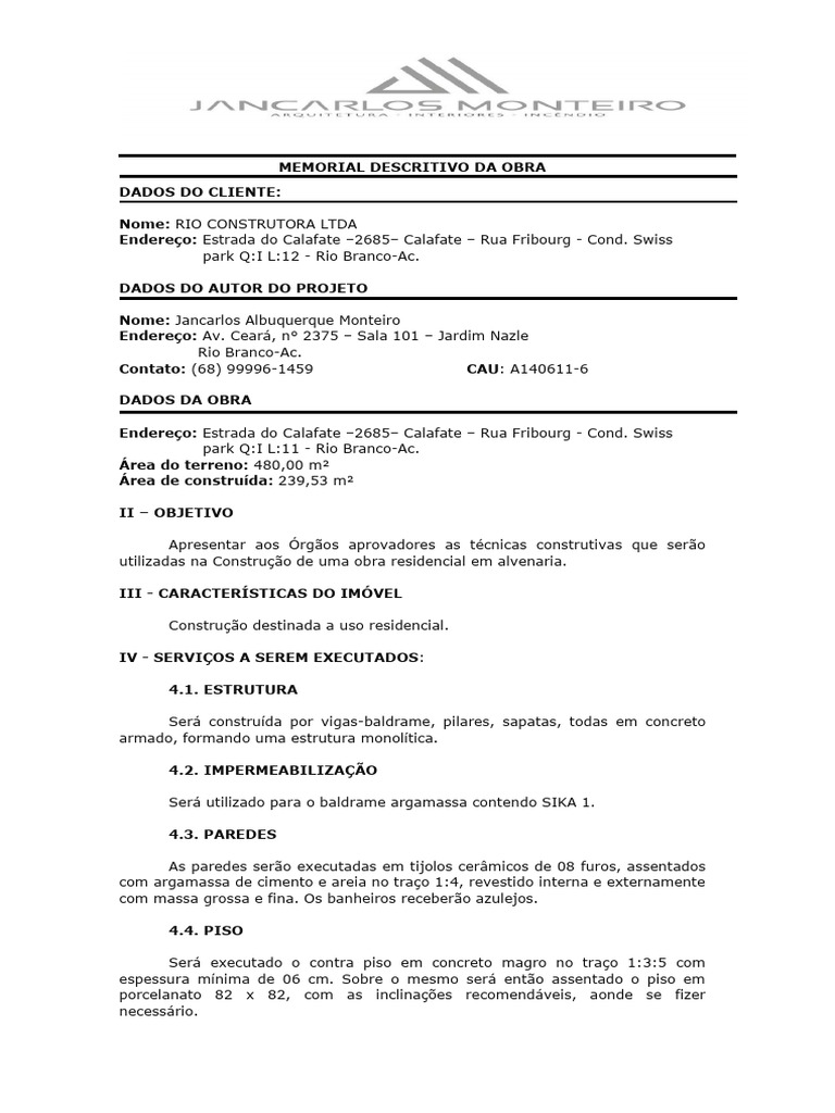 Memorial Descritivo de Obra Residencial | PDF | Argamassa (alvenaria ...
