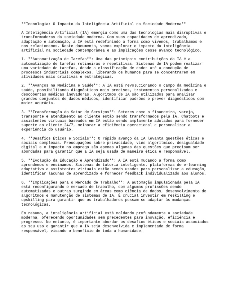 Impacto da IA na Sociedade Moderna | PDF | Inteligência artificial ...