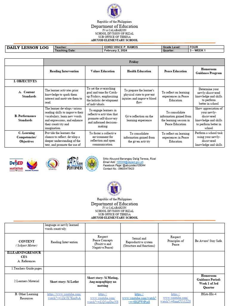 Daily Lesson Log for Grade 4 Students | PDF | Learning | Brainstorming