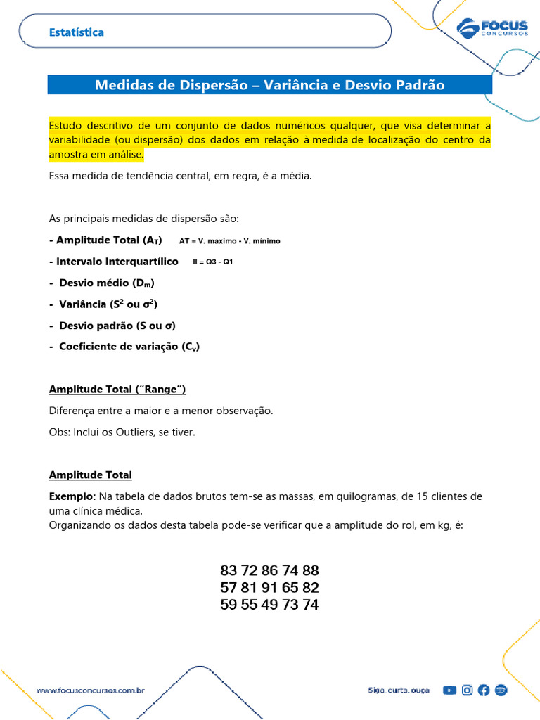 Cálculo de Variância e Desvio Padrão | PDF | Desvio padrão ...