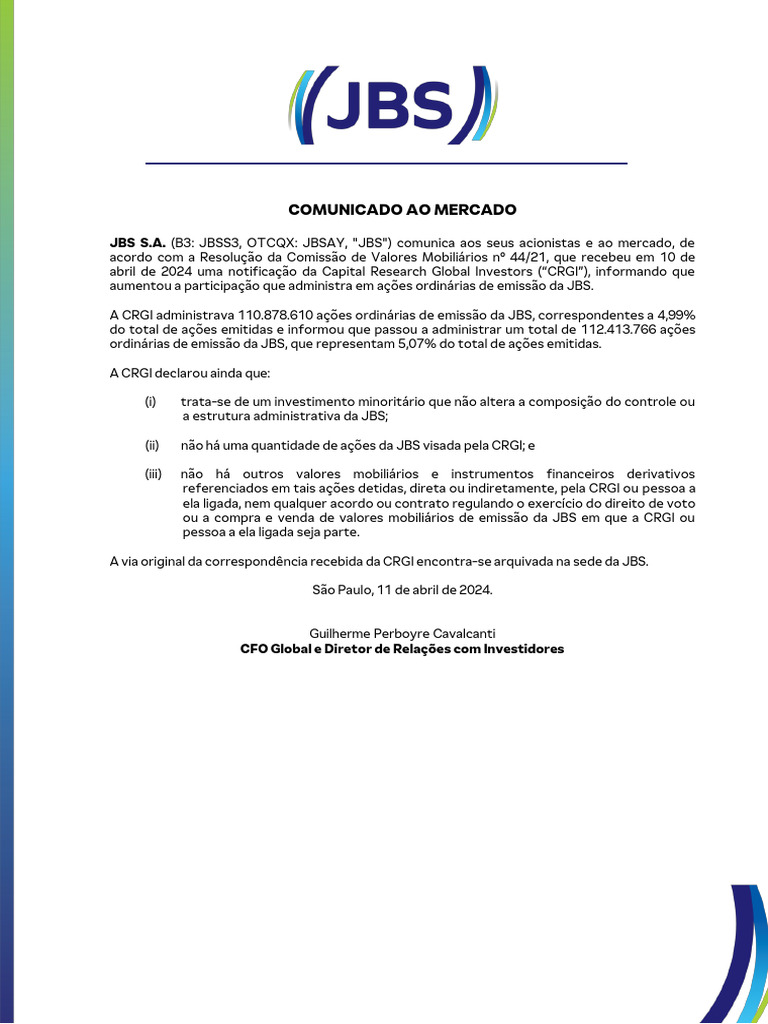 Aumento de Participação da CRGI na JBS | PDF | Participação (finanças ...