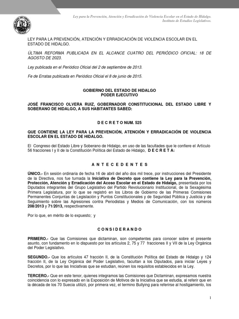 Ley para La Prevencion Atencion y Erradicacion de Violencia Escolar en ...