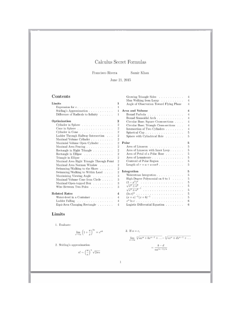 Secret Calculus Formulas PDF