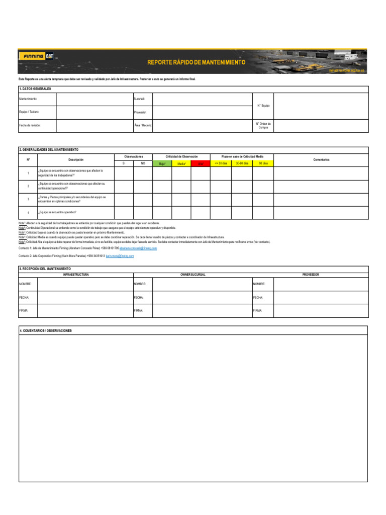 INF-MTTO-FORM-002 Rev.01 Reporte Rápido de Mantenimiento | PDF