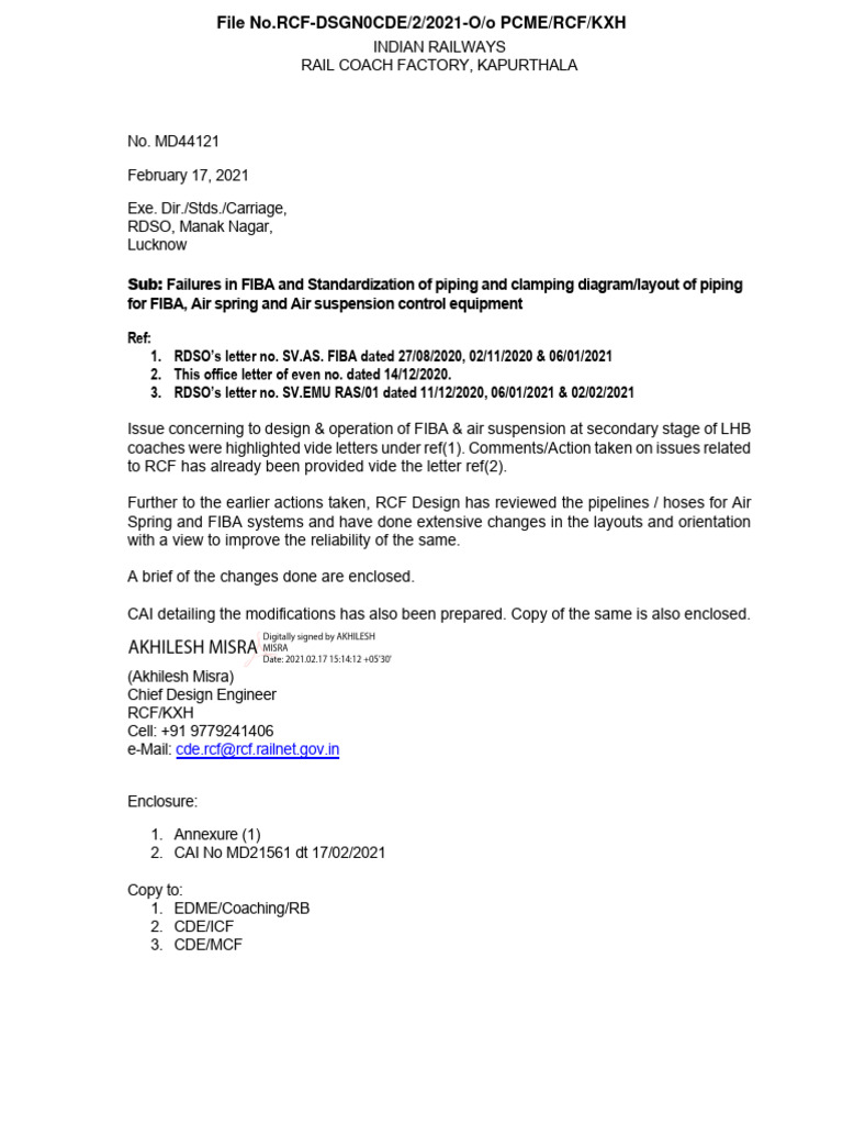 7 20210217 Letter To RDSO For Air Spring and FIBA Modifications