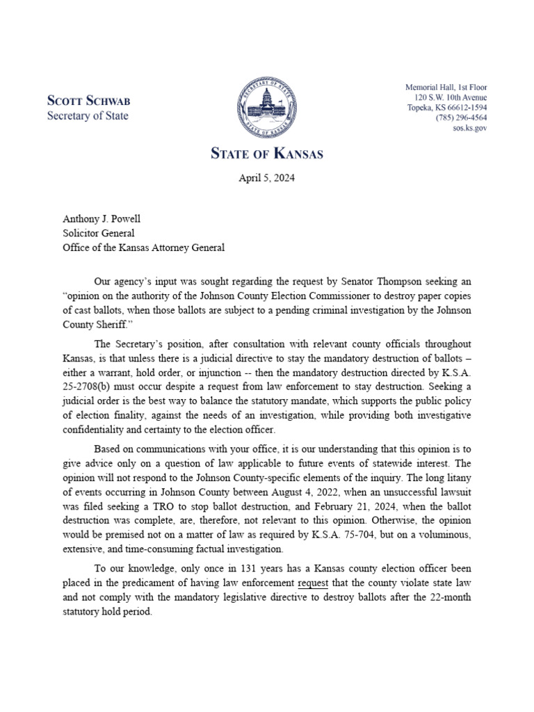 Kansas Election Ballot Destruction Opinion | PDF | Elections | Injunction