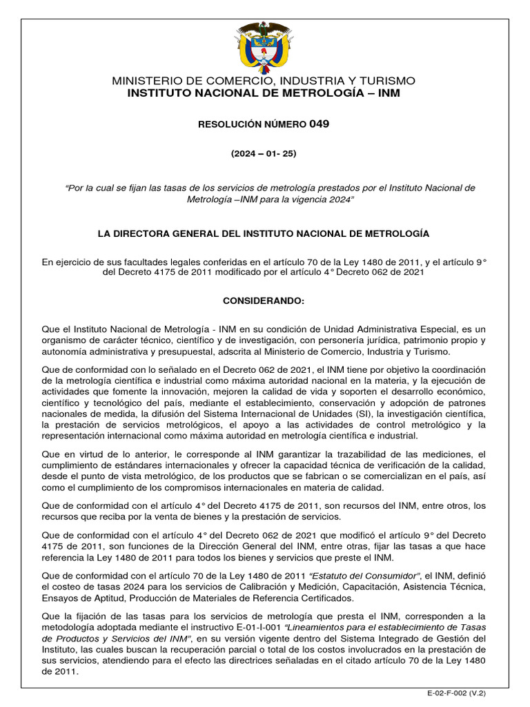 Resol. 049 de 2024 Por La Cual Se Fijan Tasas Serivicios Metrologicos