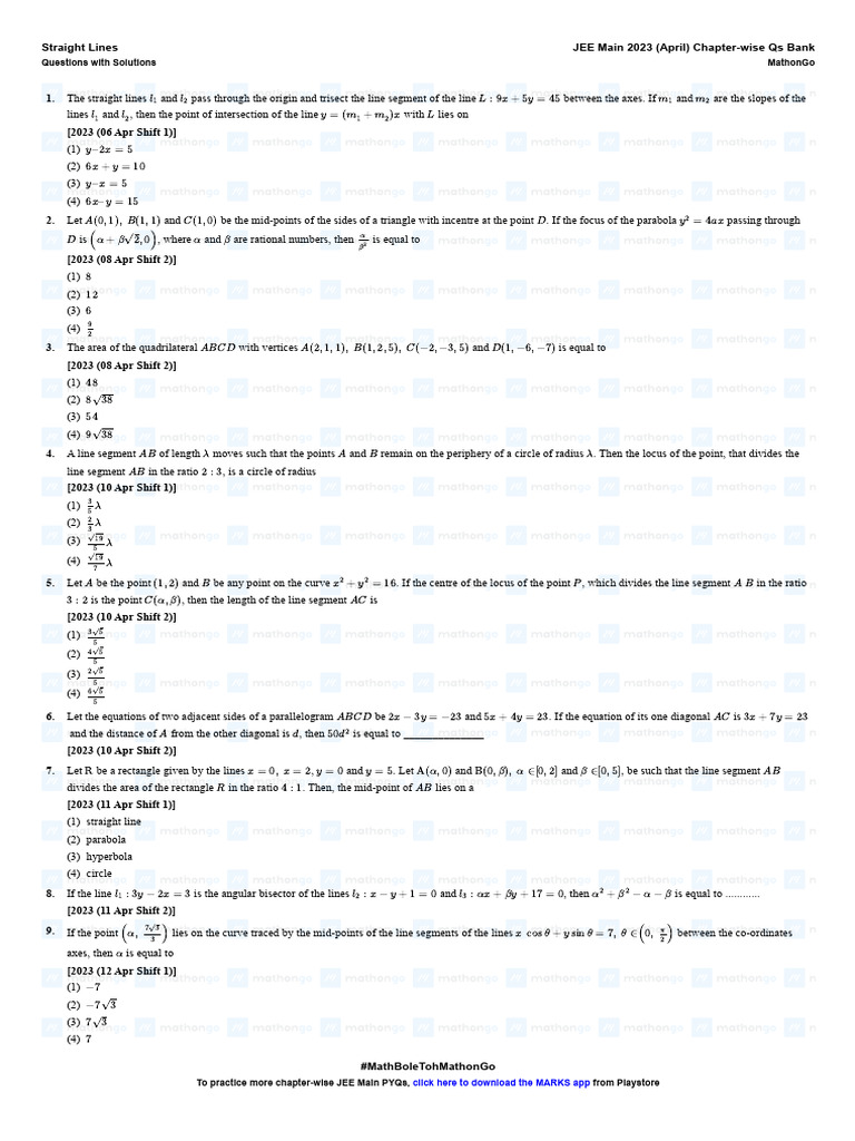 Straight lines jee main 2023 mathongo pdf circle triangle