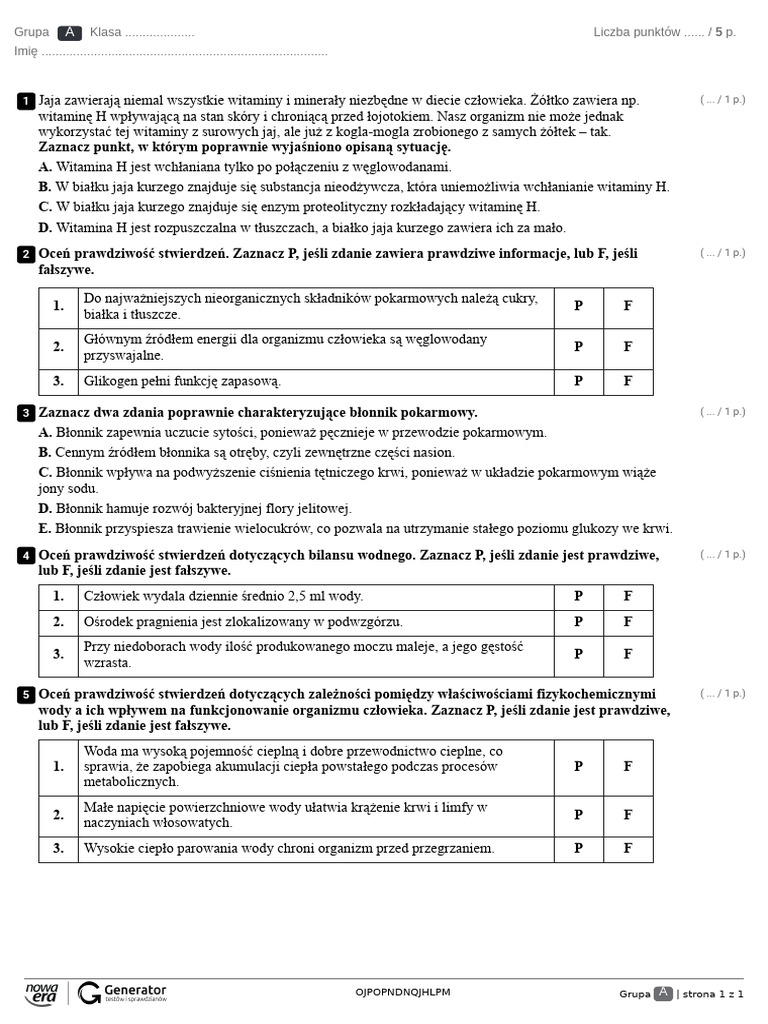 Układ Pokarmowy Klasa 7 Test Kartkówka - Układ pokarmowy - lekcje 2, 3, 4 Test (z widoczną punktacją